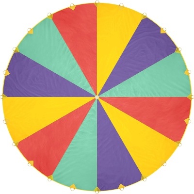 Roda circular colorida com segmentos vermelho, amarelo, roxo e azul-turquesa e argolas douradas nas bordas