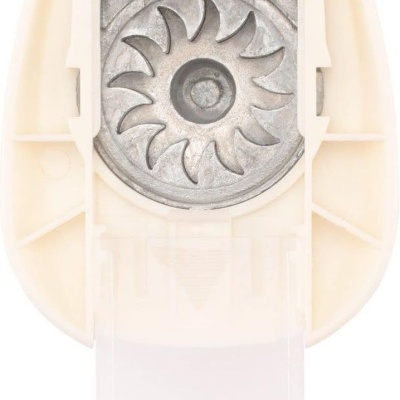 Dispositivo recarregável branco com componente metálico circular e peça translúcida