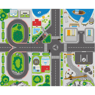 Vista aérea colorida de parque temático com pistas, edifícios e áreas verdes