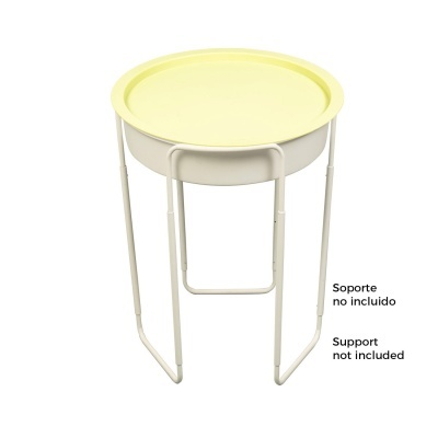 Mesa auxiliar redonda com tampo amarelo e estrutura metálica branca.
