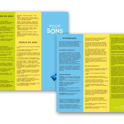 Folhas coloridas com texto em português sobre regras e conteúdo de jogo.