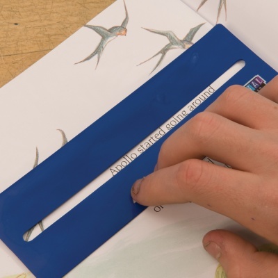 Mão segurando régua azul sobre página com texto e ilustrações de pássaros