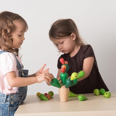 Duas meninas a brincar com brinquedo de madeira colorido numa mesa clara