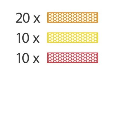 Barras coloridas laranja, amarelo e vermelho com padrão de colmeia e quantidades ao lado