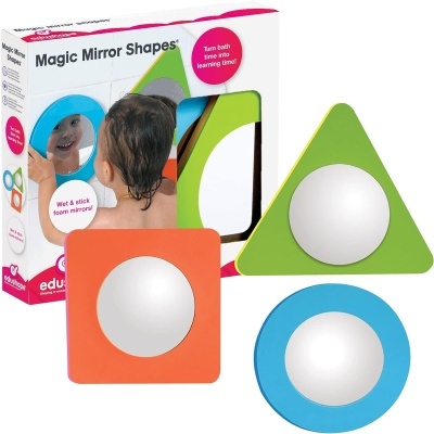 Espelhos de espuma coloridos Magic Mirror Shapes em formas geométricas com caixa ao fundo