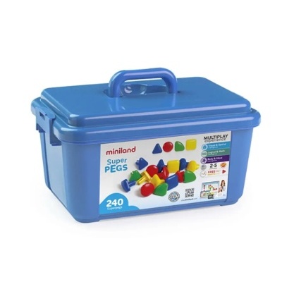 Caixa azul com peças de encaixe coloridas para crianças