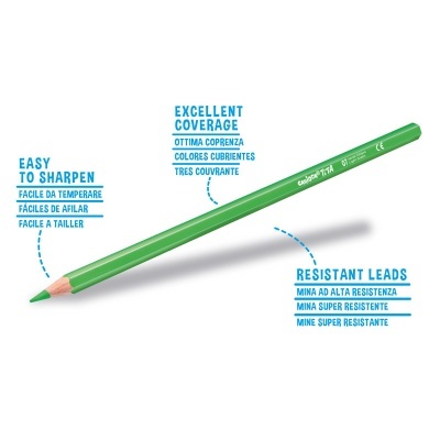 Lápis verde com texto explicativo azul ao redor