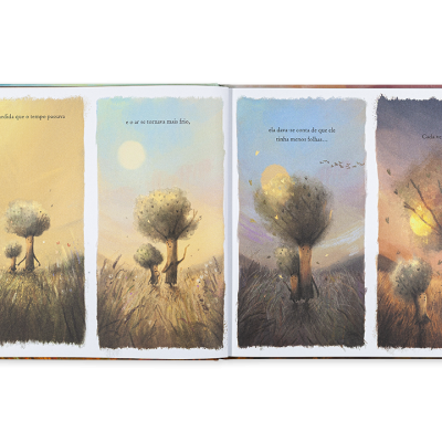 Livro infantil ilustrado aberto com árvores, coelho e texto em português sobre o tempo e felicidade.