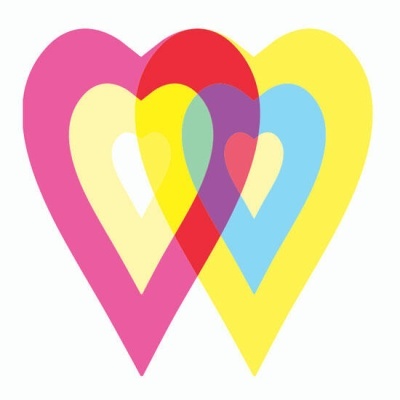 Ilustração colorida de corações sobrepostos em fundo branco