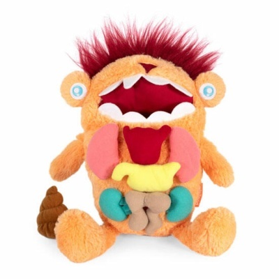 Pelúcia macia laranja com cabelo vermelho e órgãos internos coloridos visíveis