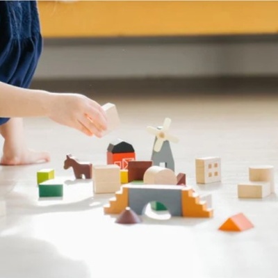 Blocos de madeira coloridos e naturais com formas de moinho, cavalo e edifícios, no chão.