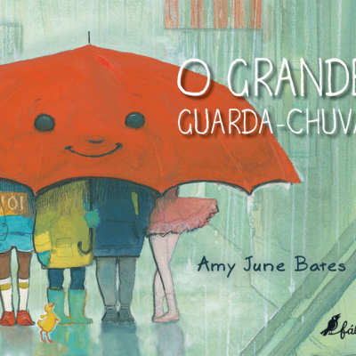 Capa de livro infantil com quatro crianças sob guarda-chuva vermelho sorridente, título O GRANDE GUARDA-CHUVA