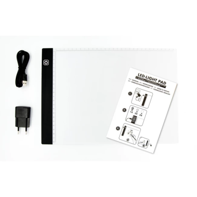 Painel LED transparente com cabo USB, adaptador e manual