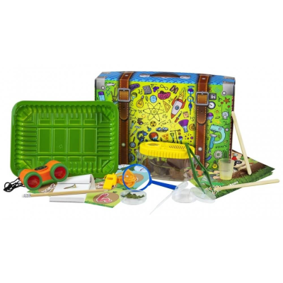 Kit científico infantil com bandeja verde, binóculos, lupa, frascos e caixa decorada