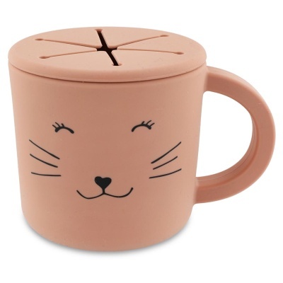 Caneca rosa de cerâmica com rosto de gato e tampa de silicone