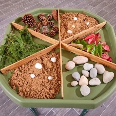 Mesa de atividades dividida em quatro com pinhas, areia, folhas e pedras