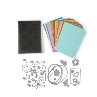 Conjunto de papel colorido, formas de metal para recorte, estojo preto com padrão geométrico