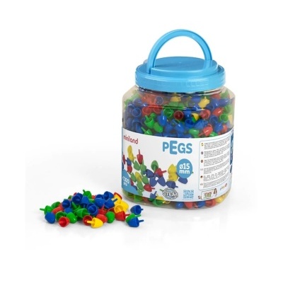 Frasco de plástico com pinos coloridos PEGS da Miniland, tampa azul e alça.