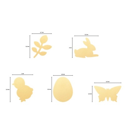 Figuras decorativas de madeira em formas de folha, coelho, pintainho, ovo e borboleta com medidas em cm