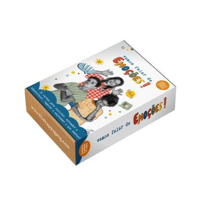 Caixa de jogo de cartas colorida com ilustração de crianças e texto em português