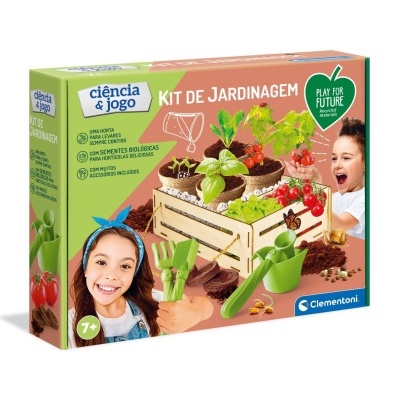 Kit de jardinagem para crianças com caixa de madeira, ferramentas verdes e sementes, embalagem colorida
