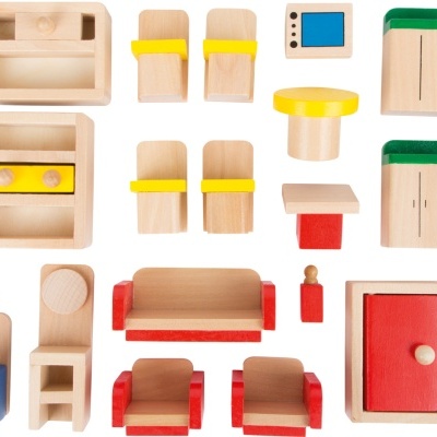 Móveis de madeira coloridos para brincar organizados em fundo branco