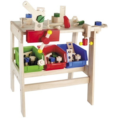 Bancada de trabalho infantil de madeira com acessórios coloridos