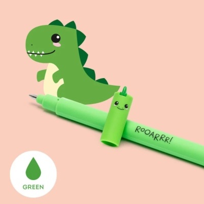Caneta verde decorada com rosto sorridente, texto ROOARRR! e dinossauro verde ilustrado