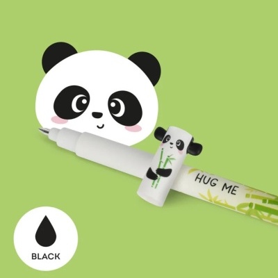 Caneta preta com decoração de panda e texto 'HUG ME'
