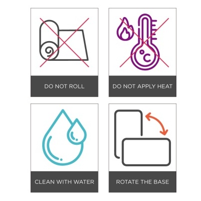 Instruções de uso com símbolos e texto em inglês: não enrolar, não aplicar calor, limpar com água, rodar a base