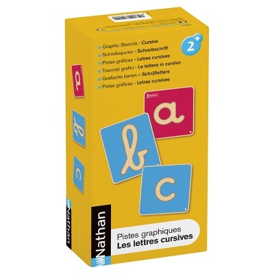 Caixa amarela de cartas gráficas para aprender letras cursivas para crianças a partir dos 2 anos
