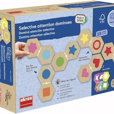 Caixa de dominós hexagonais coloridos com várias formas para crianças