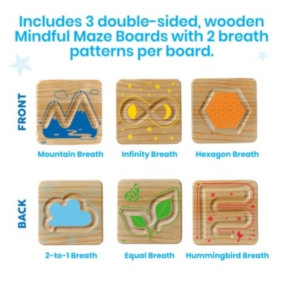 Tabuleiros de madeira com desenhos para exercícios respiratórios de vários padrões e formas coloridas.