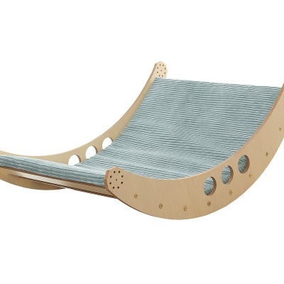 Cama suspensa para gatos de madeira com tecido riscado azul