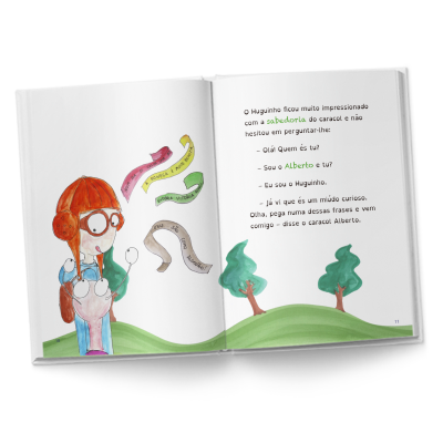 Livro infantil aberto com ilustração de menina ruiva com óculos e texto em português