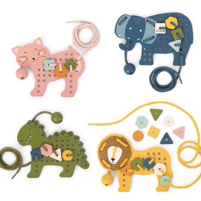 Brinquedos de madeira animais para enfiar peças coloridas