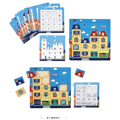 Conjunto de puzzles educativos com edifícios coloridos e cartas ilustrativas