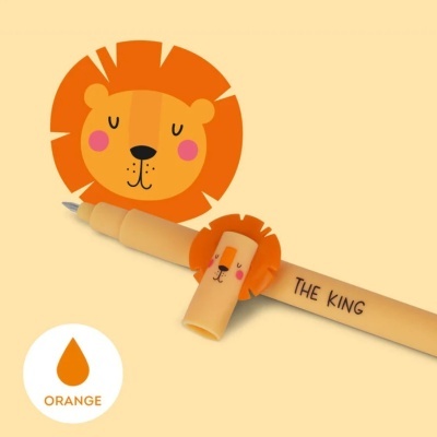 Caneta laranja com tampa de leão e texto THE KING