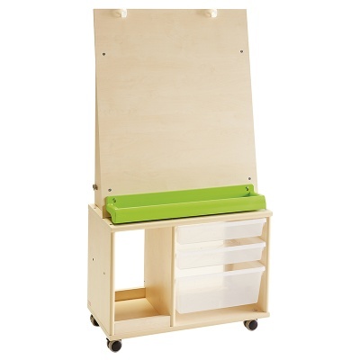 Móvel de madeira com cavalete e gavetas