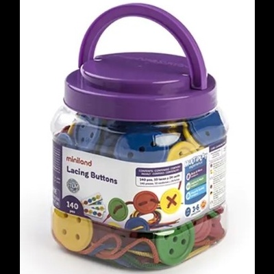 Frasco com botões coloridos para enfiar da Miniland