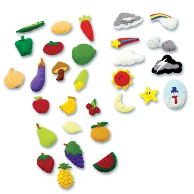 Imanes decorativos de frutas, legumes e elementos do tempo coloridos em fundo branco