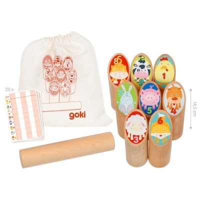 Brinquedo de boliche de madeira colorido com sacola e cartão