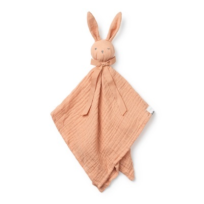 Manta de bebé com cabeça de coelho cor de pêssego em tecido de algodão