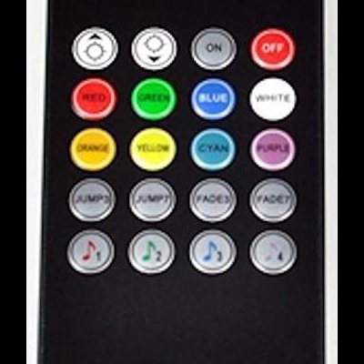 Comando remoto preto com múltiplos botões coloridos e cinzentos