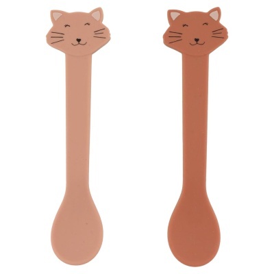 Colheres de plástico com desenho de gato, uma rosa clara e outra castanha