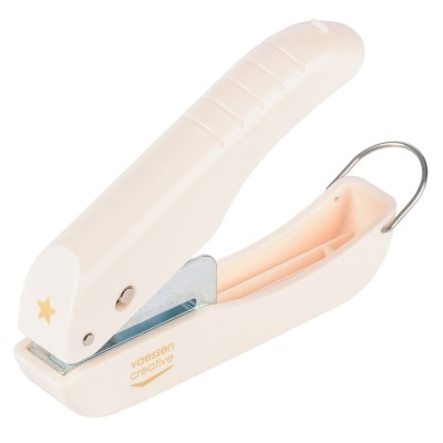 Mini grampeador creme com estrela amarela e texto voessem creative