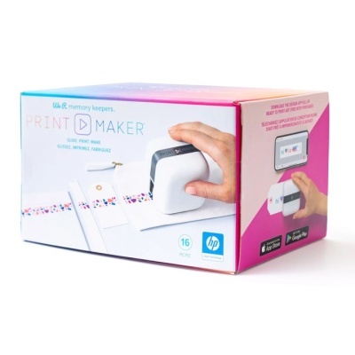 Caixa colorida do Memory Keepers Print Maker com dispositivo branco e preto e marca HP