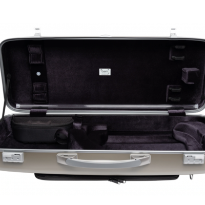 Estojo aberto para instrumento musical com forro preto e exterior prateado