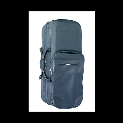 Mala cinza escuro para transporte de instrumentos com zíper e bolso frontal.