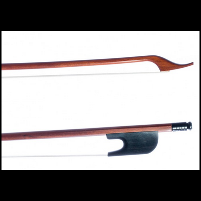 Arco de madeira para violino com crina branca e parte preta com detalhe prateado